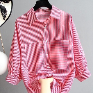 Áo sơ mi 100% cotton tay lửng cổ đứng dáng rộng họa tiết kẻ sọc phong cách Hàn Quốc thời trang mùa hè cho nữ 2021
