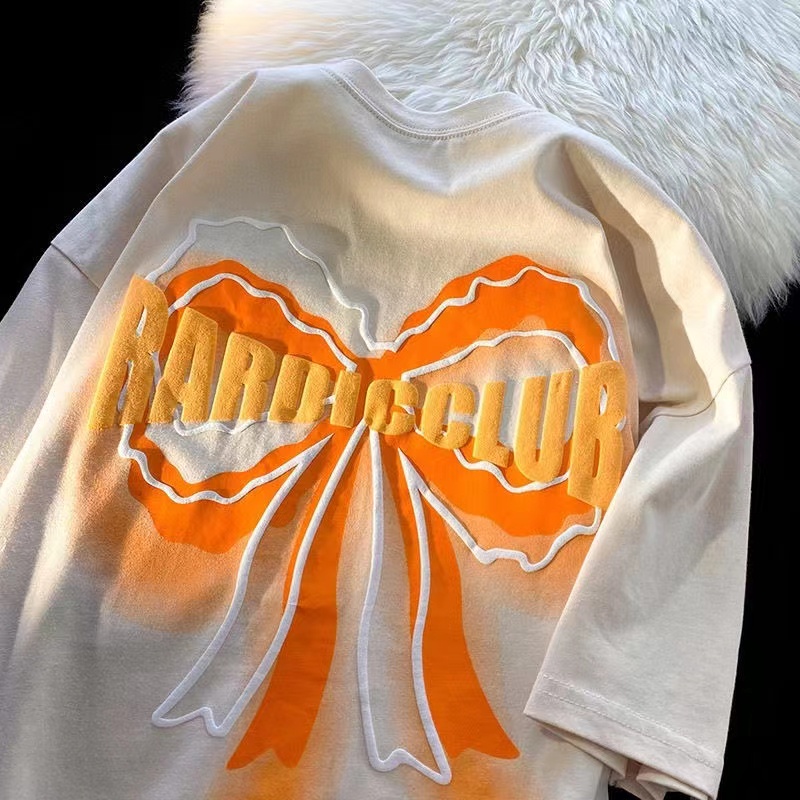 Áo thun ZHELIHANGFEI tay ngắn dáng rộng in họa tiết nơ phong cách Mỹ độc đáo thời trang