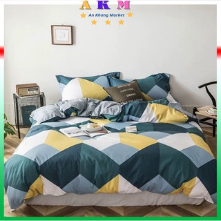 Bộ chăn ga gối Cotton Poly chăn ga Hàn Quốc họa tiết kẻ sóng xanh đủ size (miễn phí bo chun)