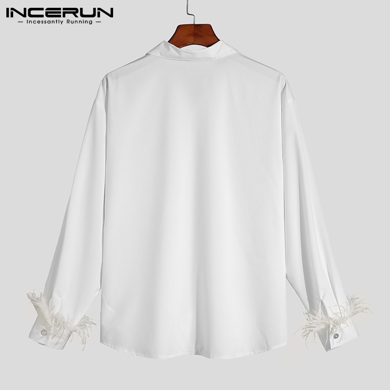Áo sơ mi INCERUN dáng rộng tay dài màu trắng đính lông vũ cho nam
