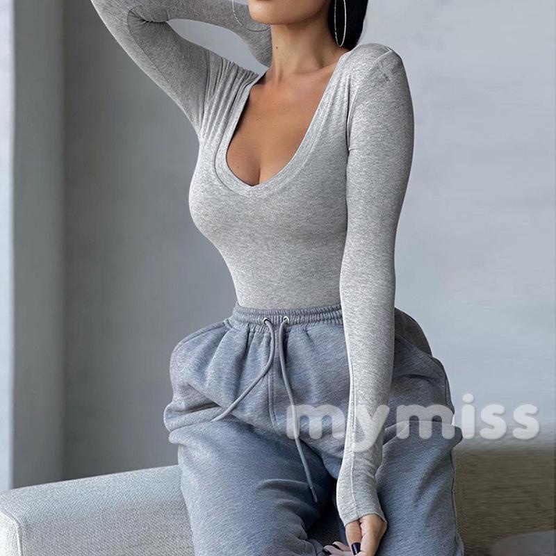 Ctcc- Bộ Đồ Liền Thân Tay Dài Cổ Chữ U Màu Trơn Màu Trơn Dành Cho Nữ Màu Đen/ Kaki/ Xám/ Tan