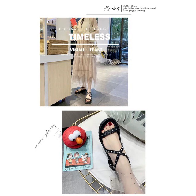 (Order) Sandals quai chéo phối viền đinh đế bánh mì cao 3cm