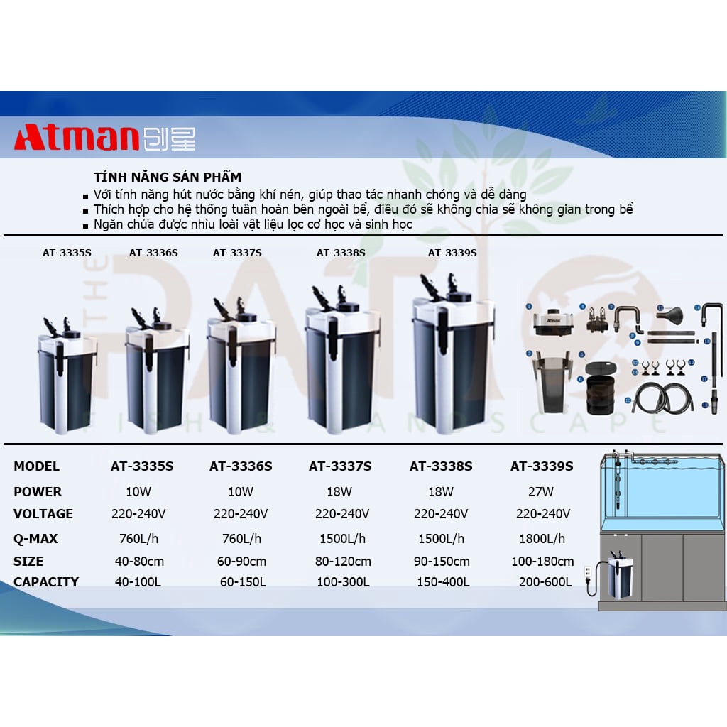 LỌC NGOÀI ATMAN AT SERIES CHO BỂ CÁ CẢNH (AT 3335S - 3336S - 3337S - 3338S - 3339S)