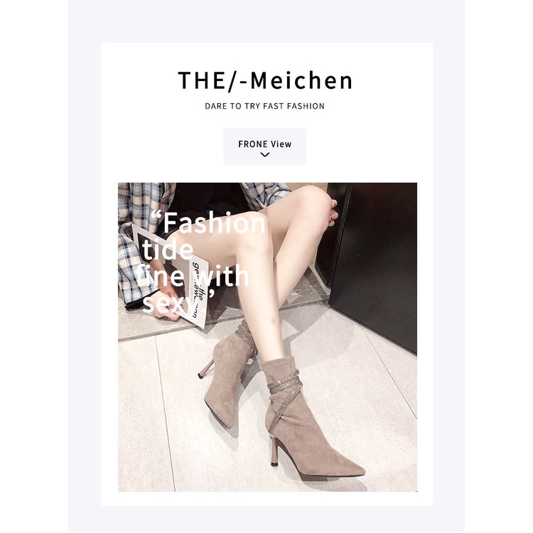 Giày bốt cao gót mũi nhọn đính đá thời trang mùa thu 2021