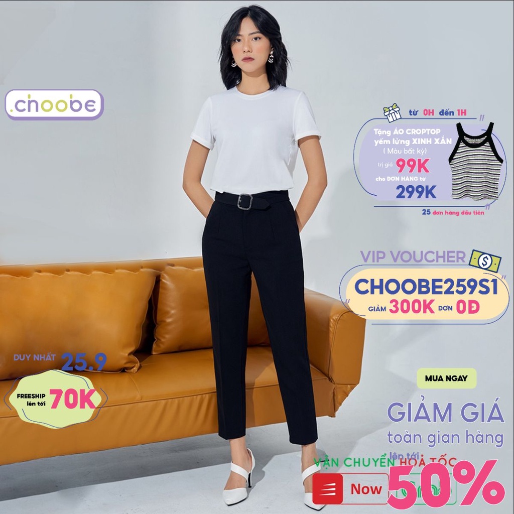 Quần baggy nữ Choobe cạp cao chất vải cao cấp đồ công sở đai ô vuông form dáng đẹp - Q03