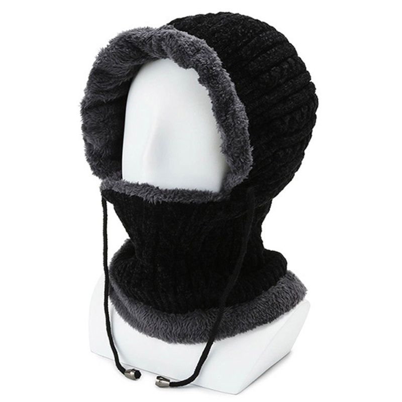 Mũ len che tai giữ ấm mùa đông phối lông có dây rút cho nữ
