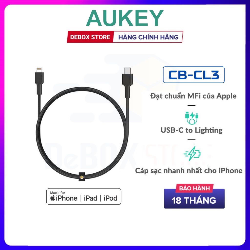 【Giao hàng nhanh】Cáp Sạc Nhanh iPhone 12 Series cổng C to Lightning Aukey CB-CL3 0.9m MFi, Hổ trợ sạc PD 22W -Chính hãng