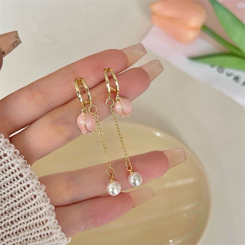 Bông Tai Mạ Bạc 925 Hình Hoa Tulip Đính Ngọc Trai Thời Trang Hàn Quốc