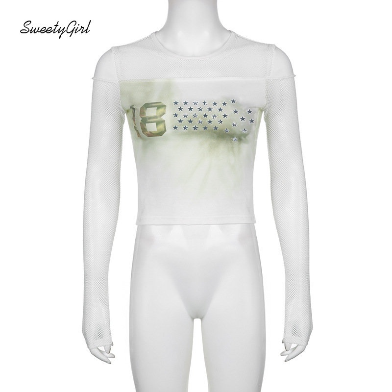 Áo Thun Tay Dài Cổ Tròn Phối Lưới In Họa Tiết Thời Trang 2022 Quyến Rũ Cho Nữ