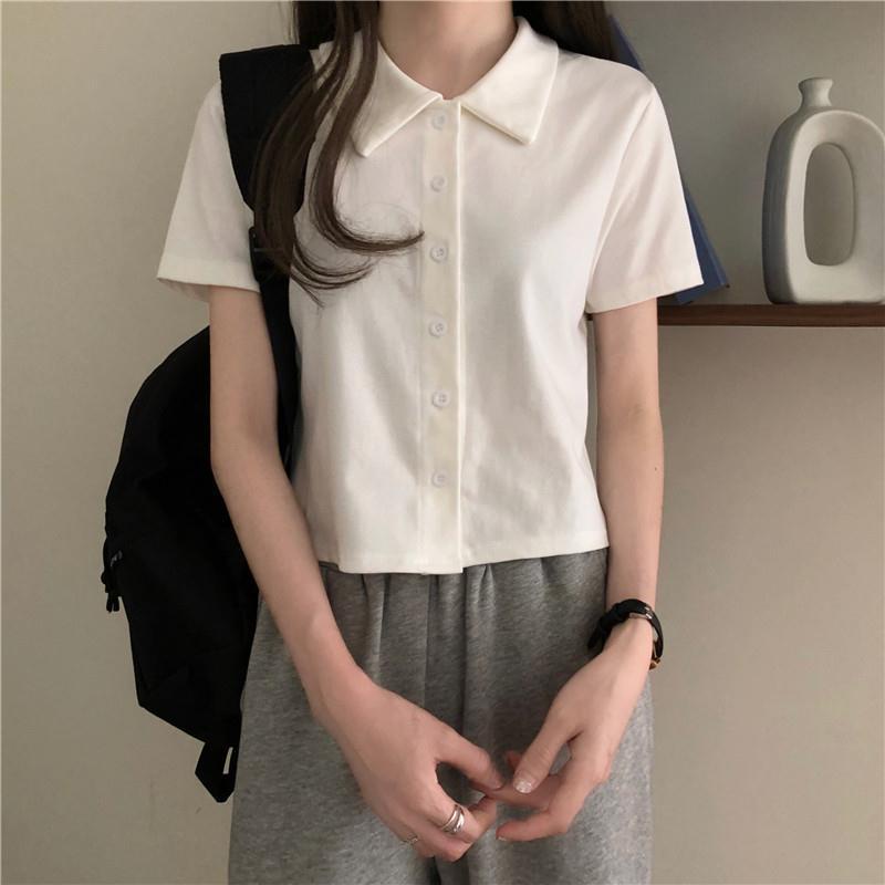A036 Áo thun polo nữ dáng ngắn cộc tay cổ bẻ cài cúc trắng đen hồng Phông ngắn tay hè thu đi học đi chơi Ulzzang trẻ tru