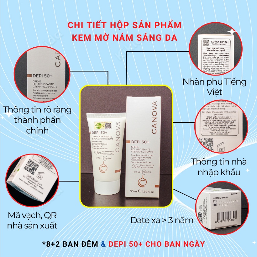 Kem nám tàn nhang K7 Da Liễu CANOVA 8+2 và Depi 50+ giảm thâm nám dưỡng da chậm lão hóa, Nhập khẩu Ý