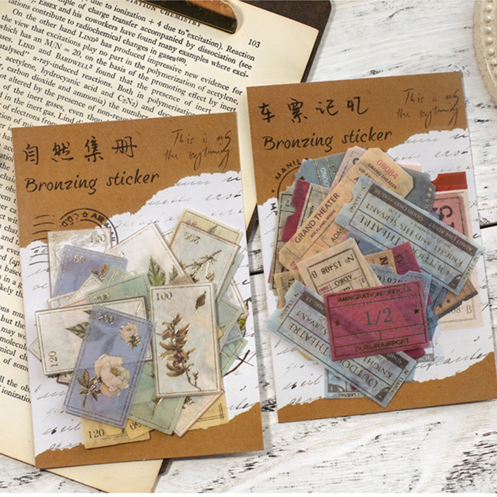 Set 40 miếng dán họa tiết nhãn tem phong cách Retro trang trí sổ ảnh album nhật ký