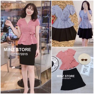 Bán Sỉ Áo sơ mi peplum kẻ buộc eo cách điệu thiết kế