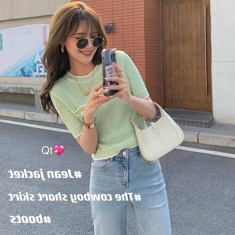 Áo len cổ tròn túi ngực ngắn tay co giãn nhiều màu AL1554 - NhiNhi Shop