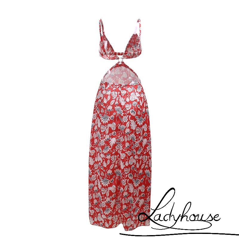 LD-Women´s Sling Long Dress, Floral Printed Hollow Out Backless Ring Connect Dress, Casual Simple One-Piece Clothes