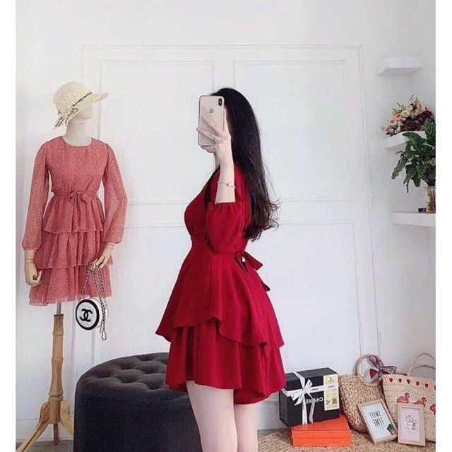 KÈM ẢNH THẬTĐầm Cổ V Đắp Chéo đen/ đỏ
