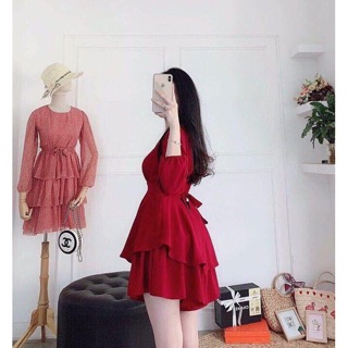 KÈM ẢNH THẬT🎈Đầm Cổ V Đắp Chéo đen/ đỏ
