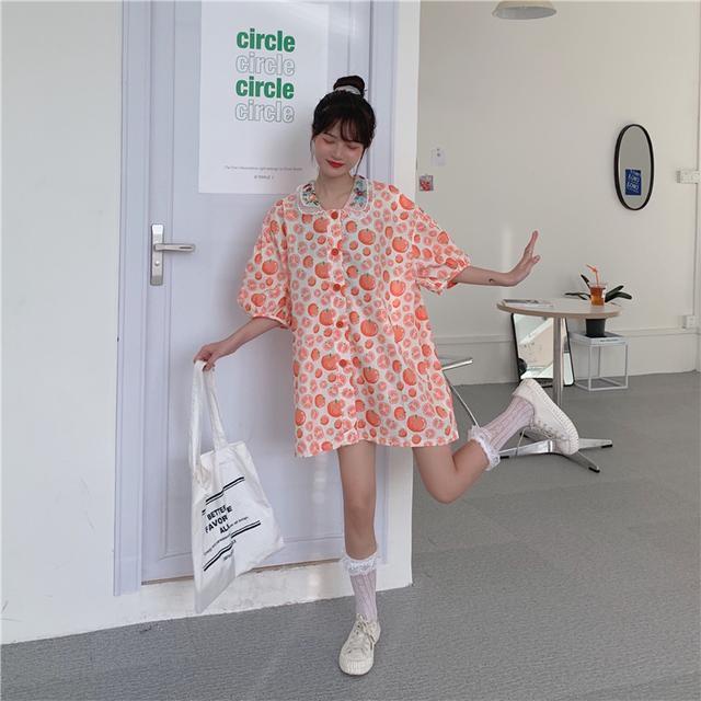 Áo sơ mi cổ búp bê tay phồng thêu họa tiết thời trang đáng yêu