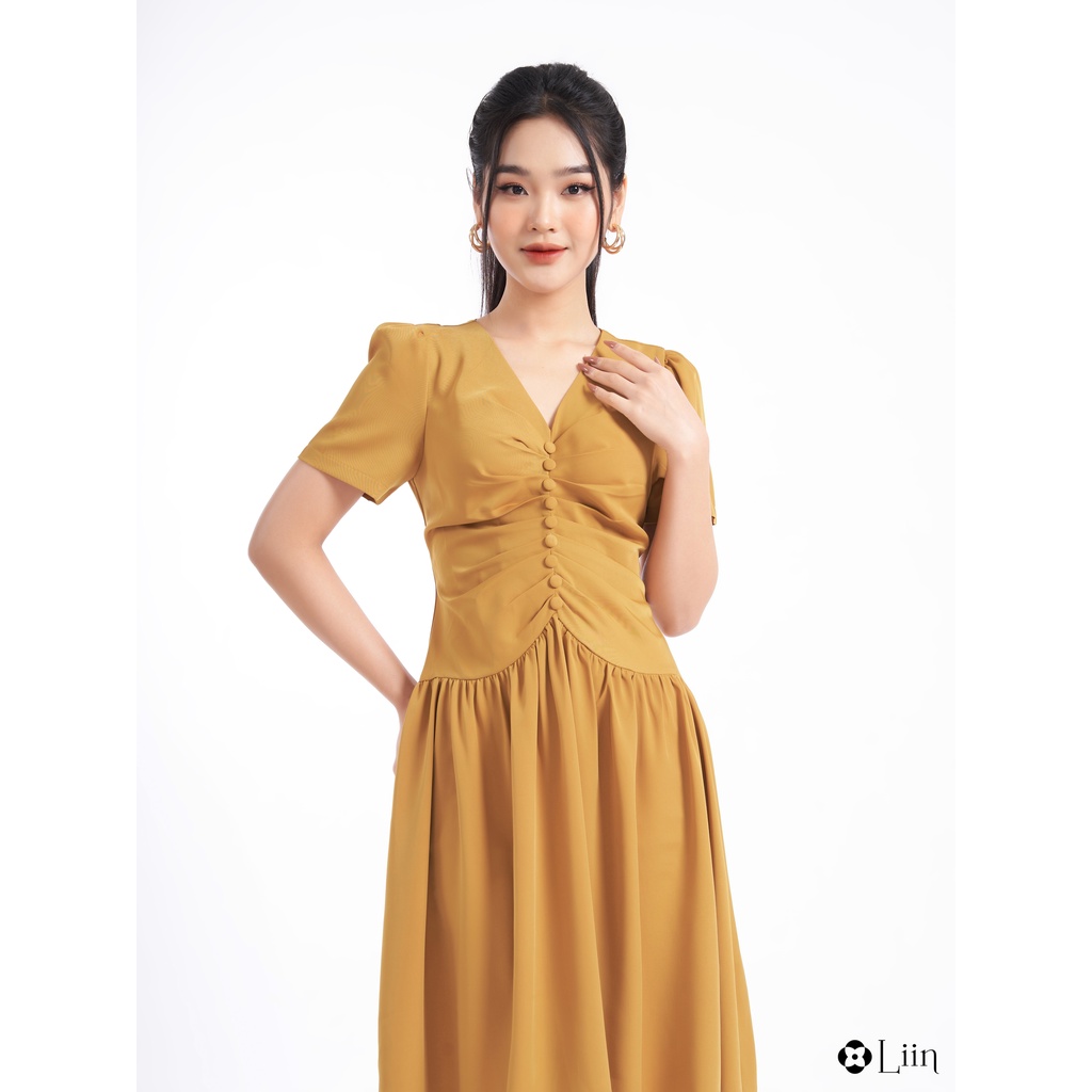 Đầm dự tiệc linbi dáng suông đẹp cao cấp thiết kế cổ V, cúc bọc thanh lịch liin clothing D6411