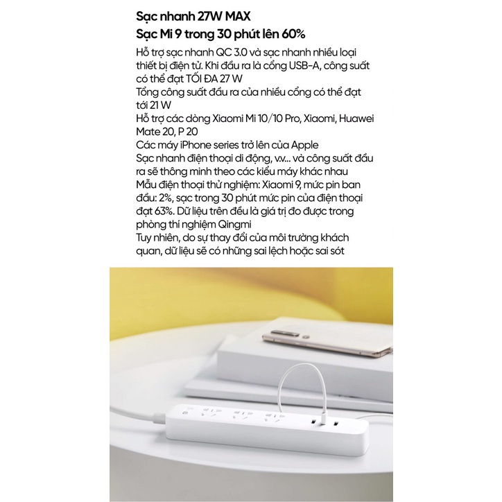 Ổ Cắm Điện Xiaomi Mi Power Strip XMCXB01QM tích hợp 3 cổng sạc USB CHÍNH HÃNG FULLBOX