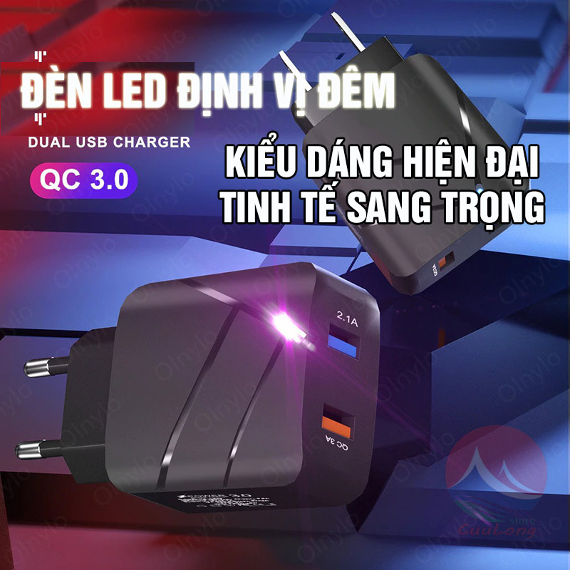 Củ Sạc Nhanh 18W QC 3.0, 2 Cổng Sạc, Đèn Led Phát Sáng, cục sạc nhanh điện thoại iPhone iPad Samsung Oppo Xiaomi