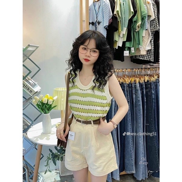 Áo Len Sát Nách Kẻ Ngang lỗ nhỏ, ba màu trend