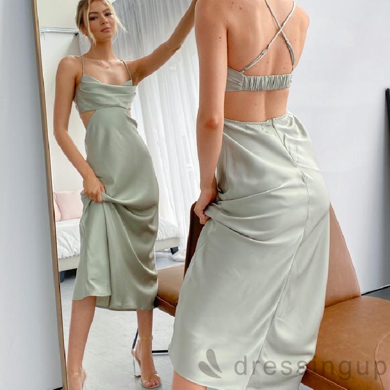 Đầm Dài Không Tay Màu Trơn Hở Lưng Thanh Lịch Đơn Giản Dành Cho Nữ