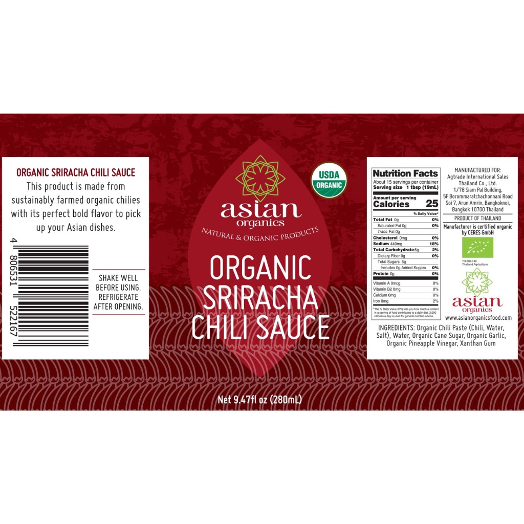 Tương ớt cay Sriracha hữu cơ Asian Organics dùng làm sốt chấm, nấu ăn - Organic Sriracha Chili Sauce