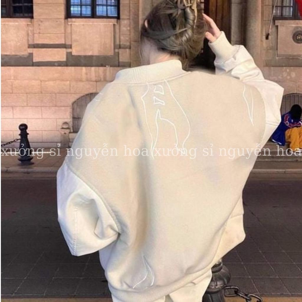 áo khoác bomber nỉ dạ phối tay da họa tiết lửa form dáng rộng unisex nam nữ mặc được màu be phong cách hàn quốc