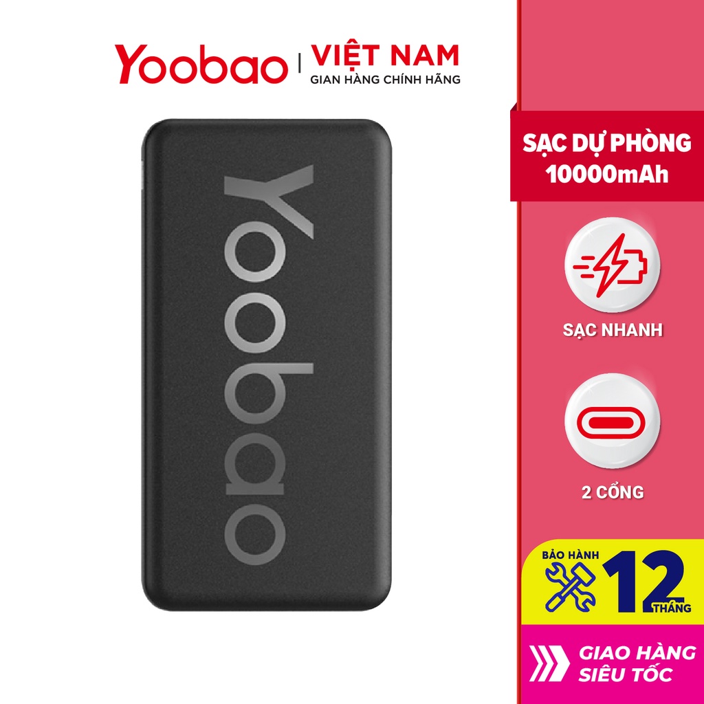 Sạc dự phòng 10000mAh Yoobao P10T Sạc nhanh 2.1A - Hàng phân phối chính hãng - Bảo hành 12 tháng 1 đổi 1