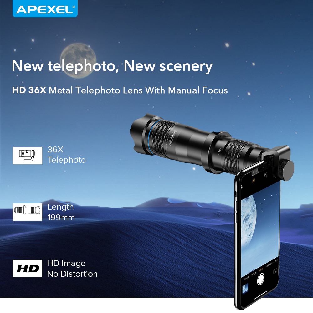 APEXEL Tùy chọn ống kính tele kính viễn vọng kim loại HD 36X ống kính di động một mắt + chân máy selfie cho Samsung Huawei Iphone