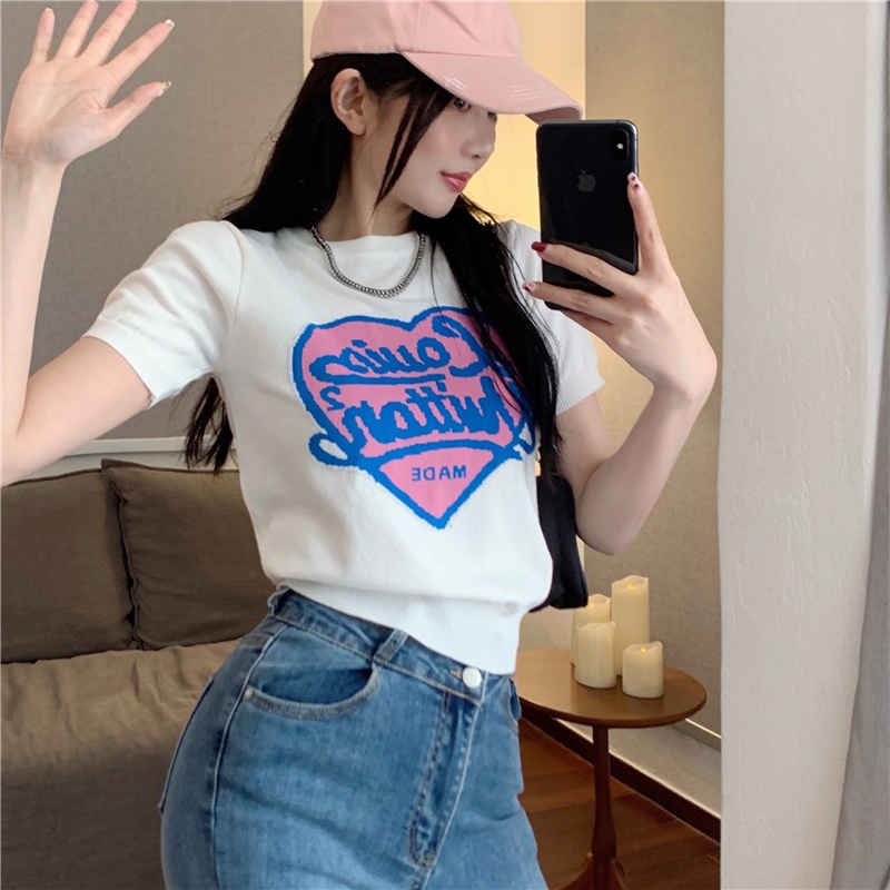 Áo thun ZHELIHANGFEI tay ngắn dệt kim thêu họa tiết xinh xắn thời trang cho nữ tùy chọn màu sắc