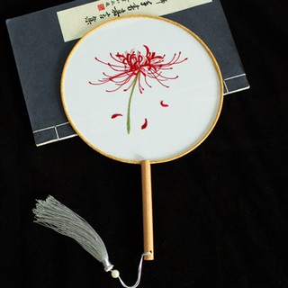 Quạt tròn cổ trang dây tuyến in hình hoa bỉ ngạn Trung Quốc