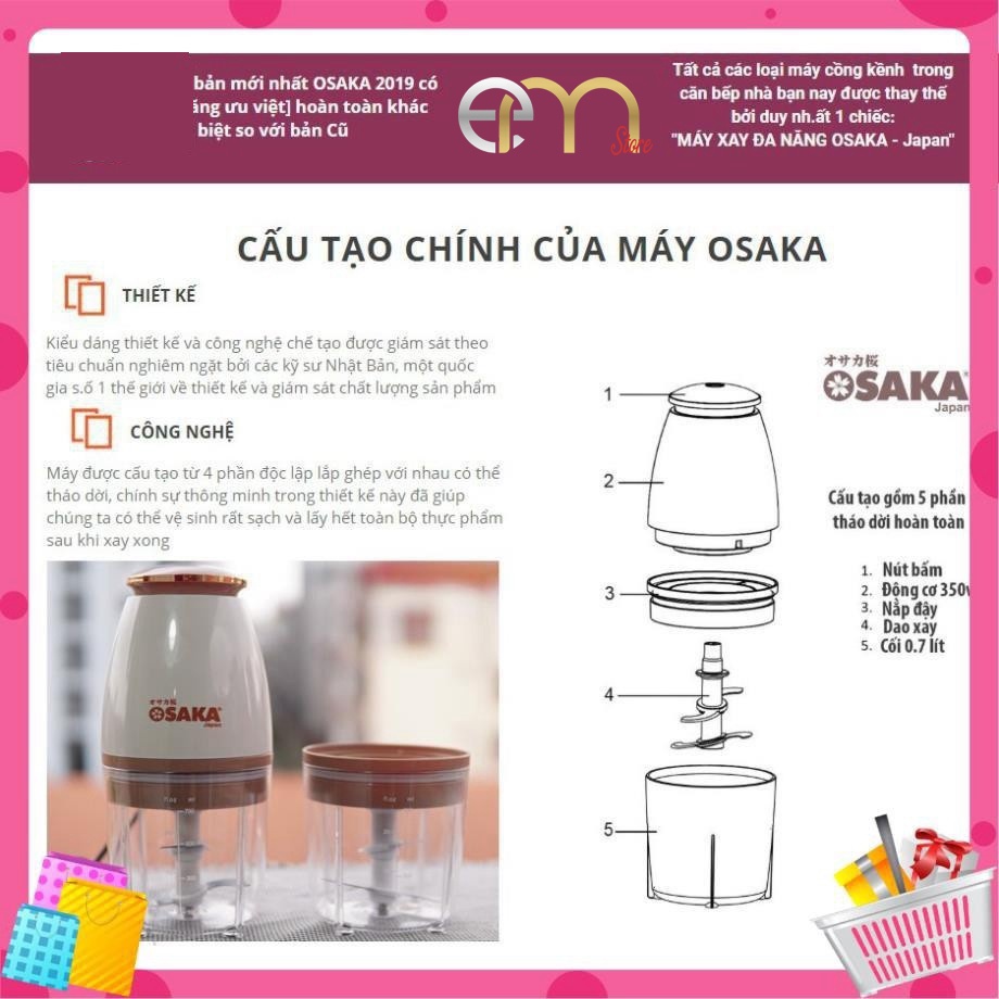 [Mã ELHA22 giảm 5% đơn 300K] Máy xay sinh tố, máy xay thịt mini OSAKA đa năng 750ml