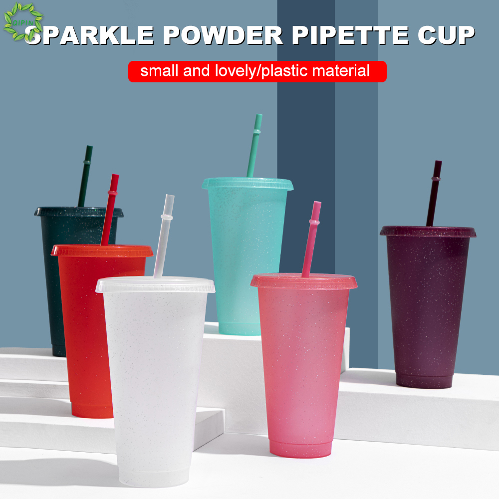 (Hàng Mới Về) Bình Nước Kim Tuyến Trong Suốt Có Nắp Và Ống Hút Qipin 710ml