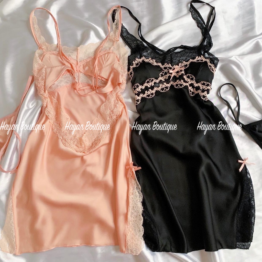 HT166 Set váy ngủ và áo choàng sexy ren bèo v1 kèm ĐỆM LÓT, đồ ngủ lụa sang chảnh HT166 (43+246)