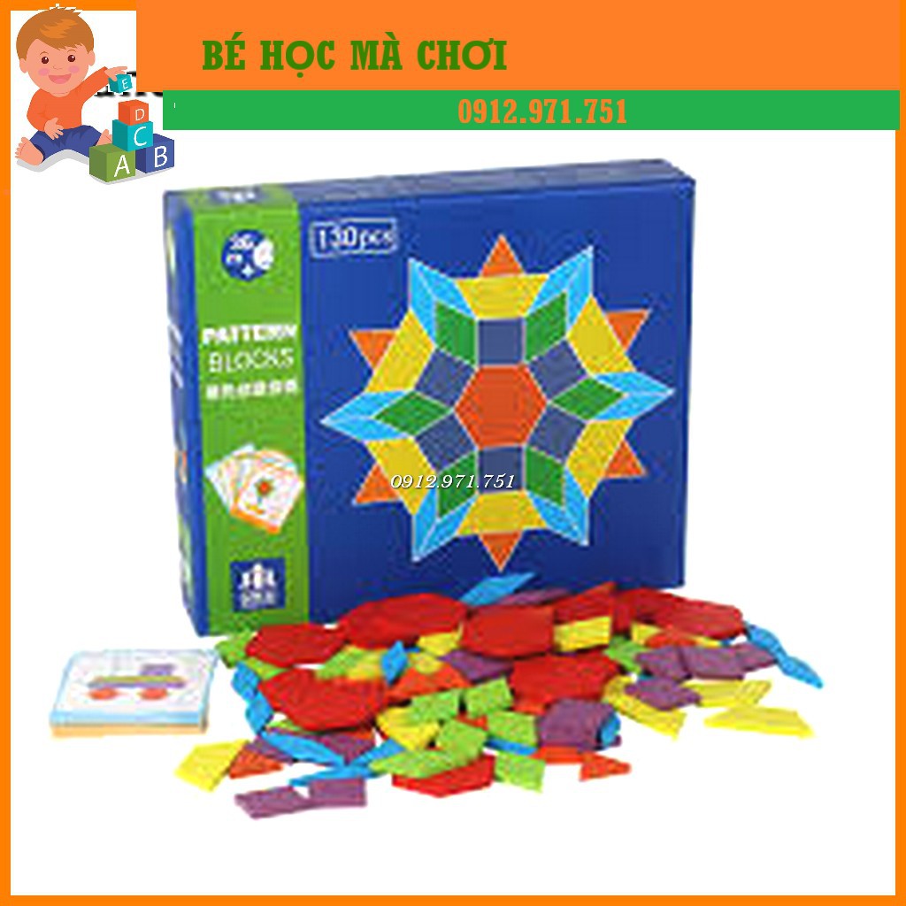 [MẪU MỚI hàng Việt Nam] Ghép hình Pattern Blocks 130 miếng ghép + 24 thẻ - mẫu mới hộp trắng