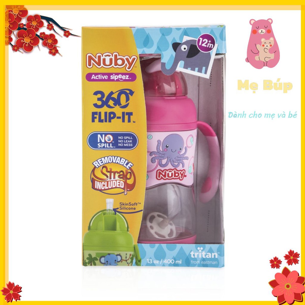 🍀🍀 Bình uống nước Nuby ống hút 360 độ 2 tay cầm, kèm dây đeo có dung tích 400ml- Nhựa Tritan 🍀🍀