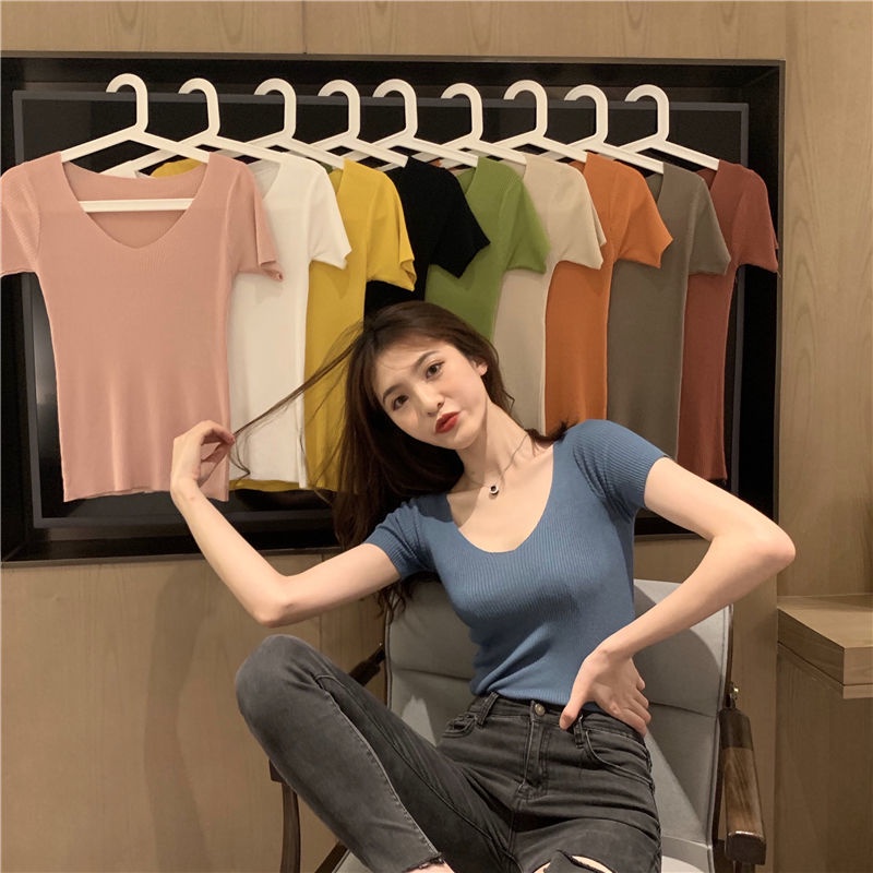 Áo Thun Lụa Lạnh Mỏng Tay Ngắn Cổ Chữ V Thời Trang Xuân Hè Phong Cách Hàn Quốc Mới Cho Nữ