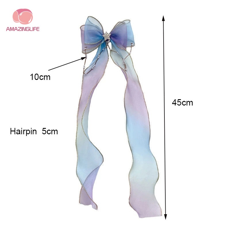 [Amazinglife] Kẹp Tóc Thắt Nơ Lưới Ren / Kẹp Tóc Đuôi Ngựa Màu Cầu Vồng Phong Cách Hàn Quốc Thanh Lịch