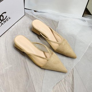 (Ảnh Thật)x Dép Sục Nữ Mũi Nhọn Gót Vuông 5p Da Lộn Ren Lưới Êm Chan Fullbox