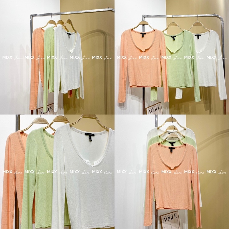Áo thun tay dài ôm body thun gân dày dặn xuất xịn F21 cổ xẻ kiểu xinh xắn bảng màu ngọt