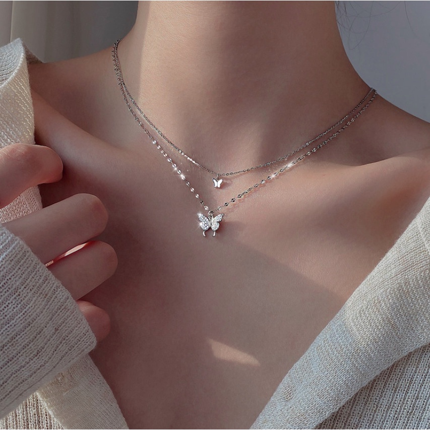Vòng cổ dây chuyền nữ choker 2 lớp cánh bướm đính đá zircon phong cách hàn quốc cool ngầu cá tính tặng hộp