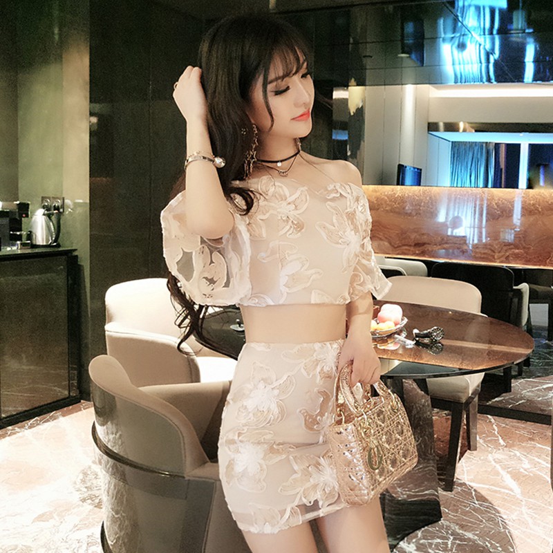 Set Chân váy/Áo nữ, sexy, ôm hông tôn dáng, thêu hoa, tay loa kèn