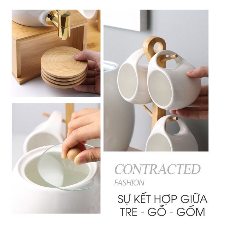 Bộ Chum Đựng Nước Sứ Có Vòi 3 Lít Kèm Kệ Gỗ &amp; 6 Cốc Sứ Màu Trắng Cao Cấp