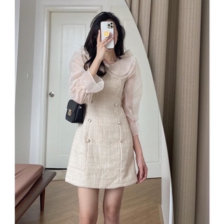 Váy dạ tweed cổ bèo tay voan