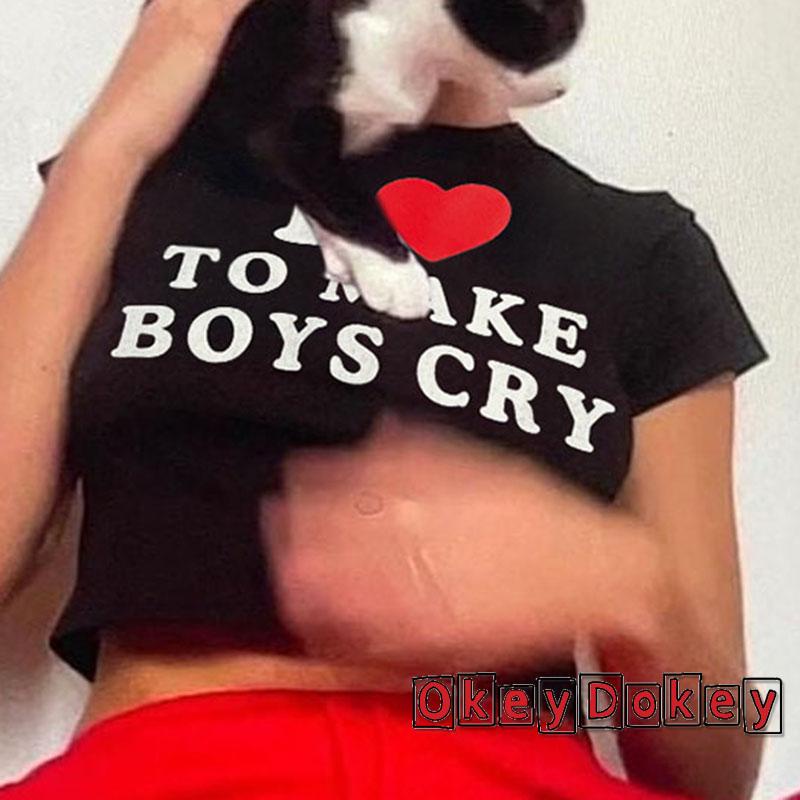 Áo Thun Crop Top Ôm Dáng Cổ Tròn Tay Ngắn In Chữ Cho Nữ