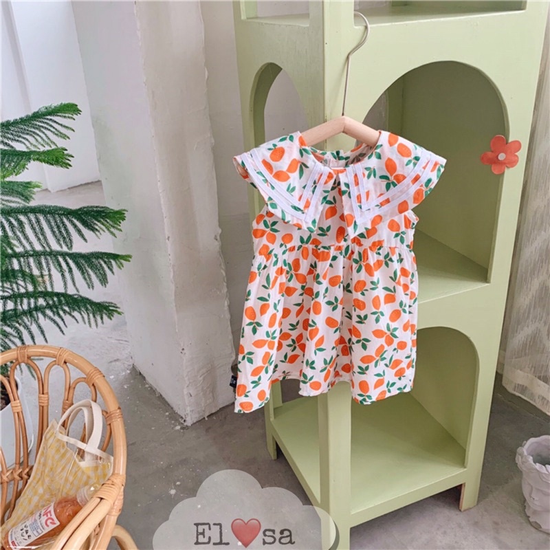 Váy hè Váy hoạ tiết quả cam cổ bèo xinh xắn cho bé từ 7-18kg chất liệu đũi loại một mềm, nhẹ, thoáng mát