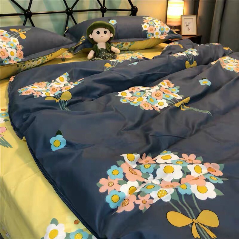 Bộ chăn ga gối drap giường chất cotton poly họa tiết bó hoa