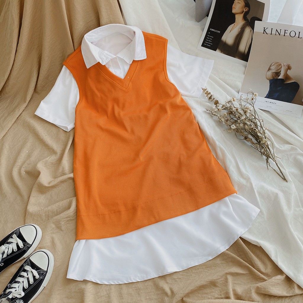 Set sơ mi giấu quần phối áo gile len cam | BigBuy360 - bigbuy360.vn